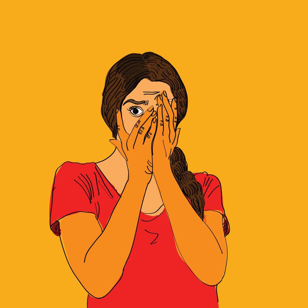 ilustración vectorial dibujada a mano del concepto de fobia. una joven sorprendida y asustada que se cubre los ojos con las palmas y mira a través de los dedos. vector