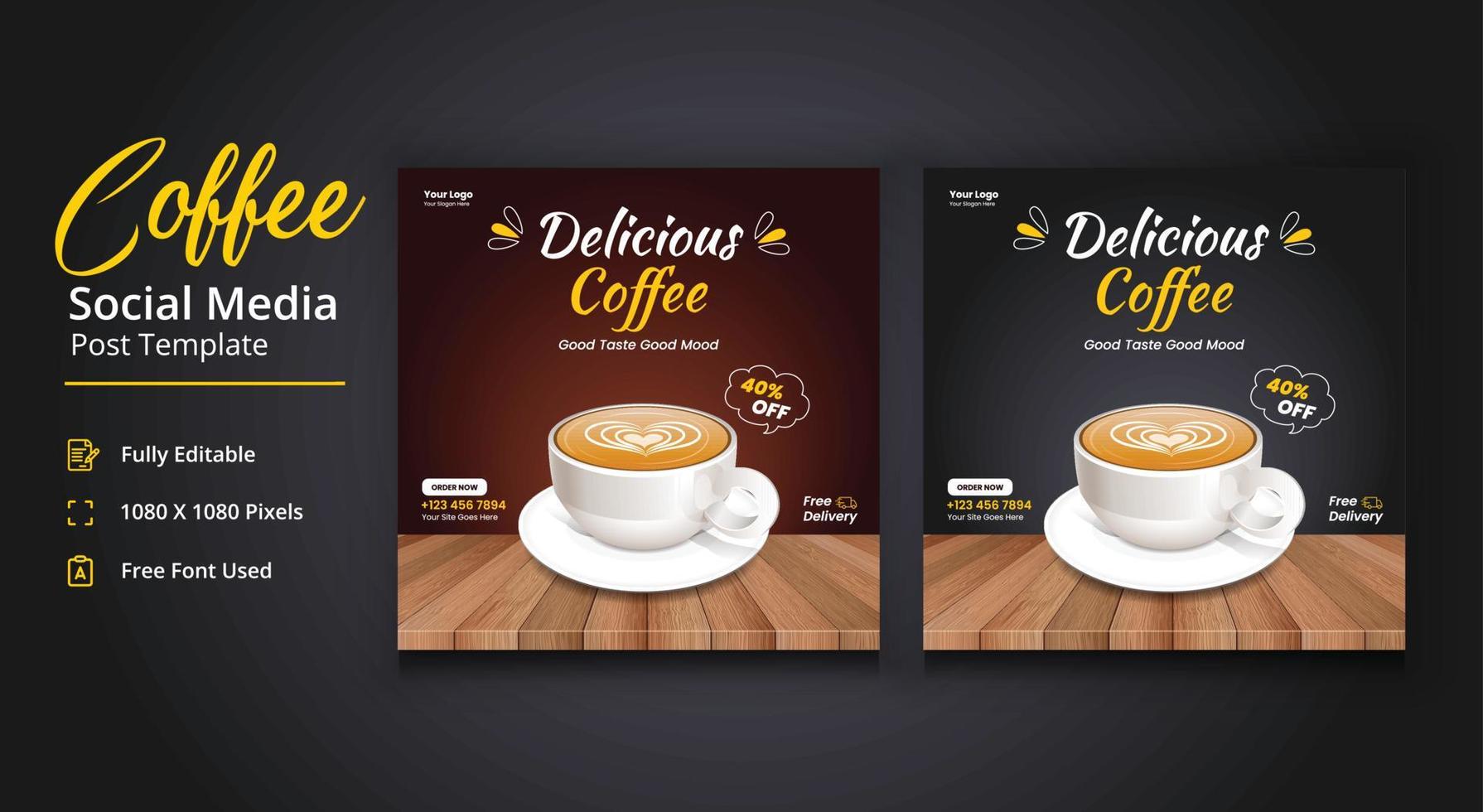 Delicious Coffee Social Media post, Coffee Social Media Post Template, Coffee Shop Social Media Template vector