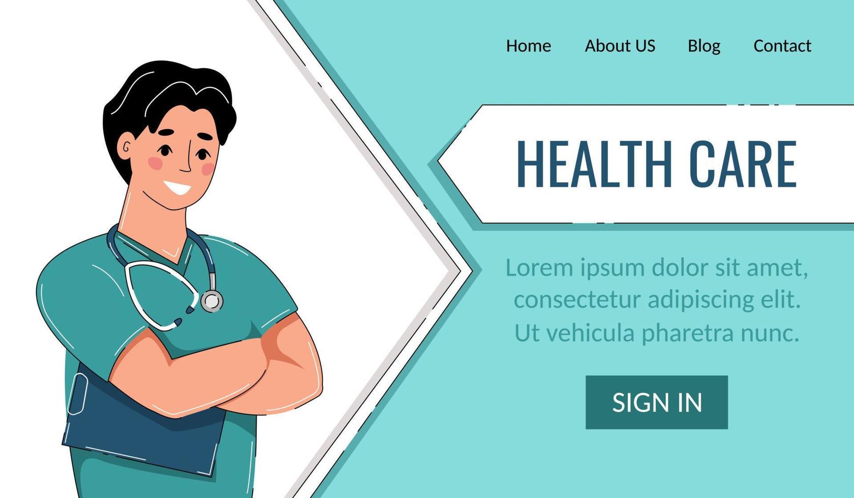 Medical worker crossed arms on chest. Landing page concept. Topic of health care, medicine. Vector cartoon character web banner.