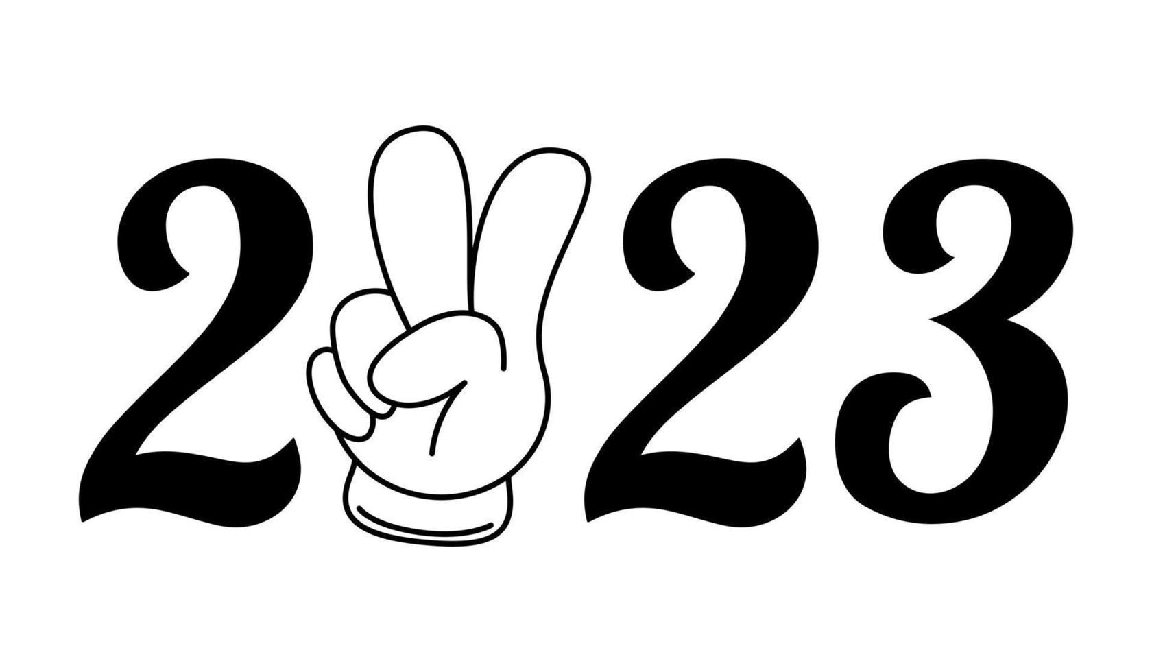 Happy New Year 2023 Lettering with victory sign. Monochrome Festive label template. Vector illustration.