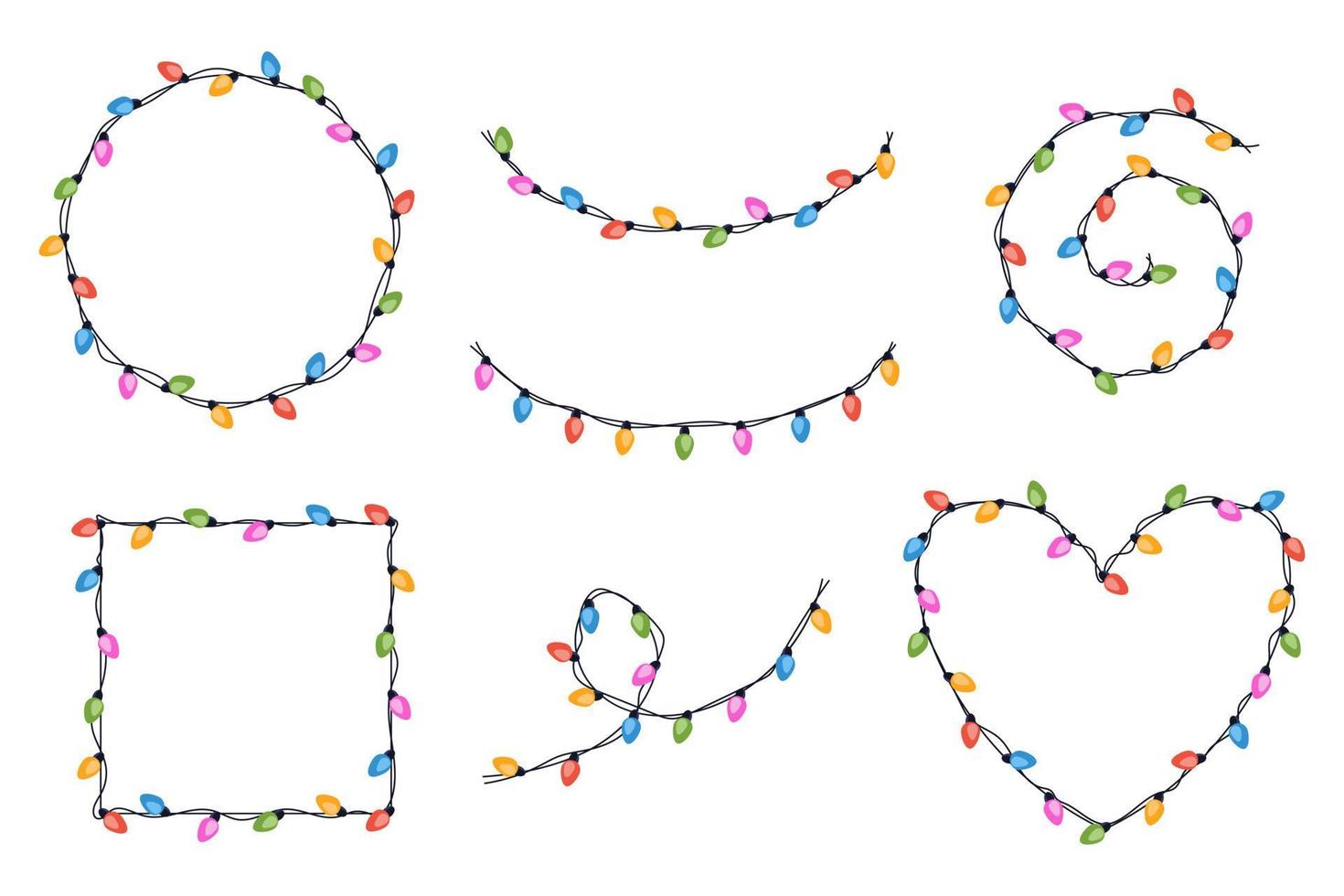 WSet of festive multicolored garlands on cable in flat style. Frame of garland in the shape of a heart, circle, square and others. Decoration, holiday concept. vector