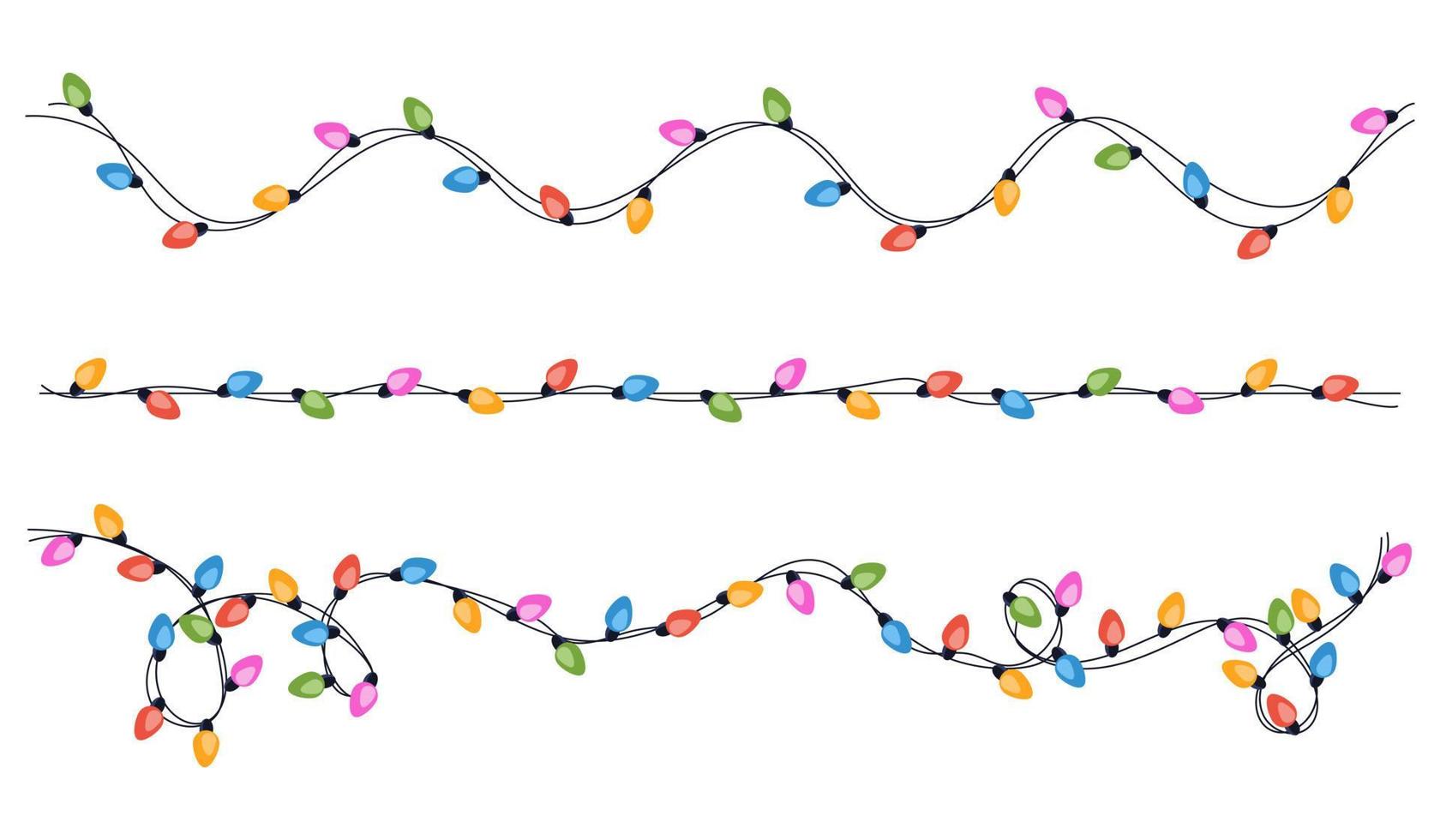 Set of festive multicolored garlands on cable in flat style. Decoration, holiday concept. vector