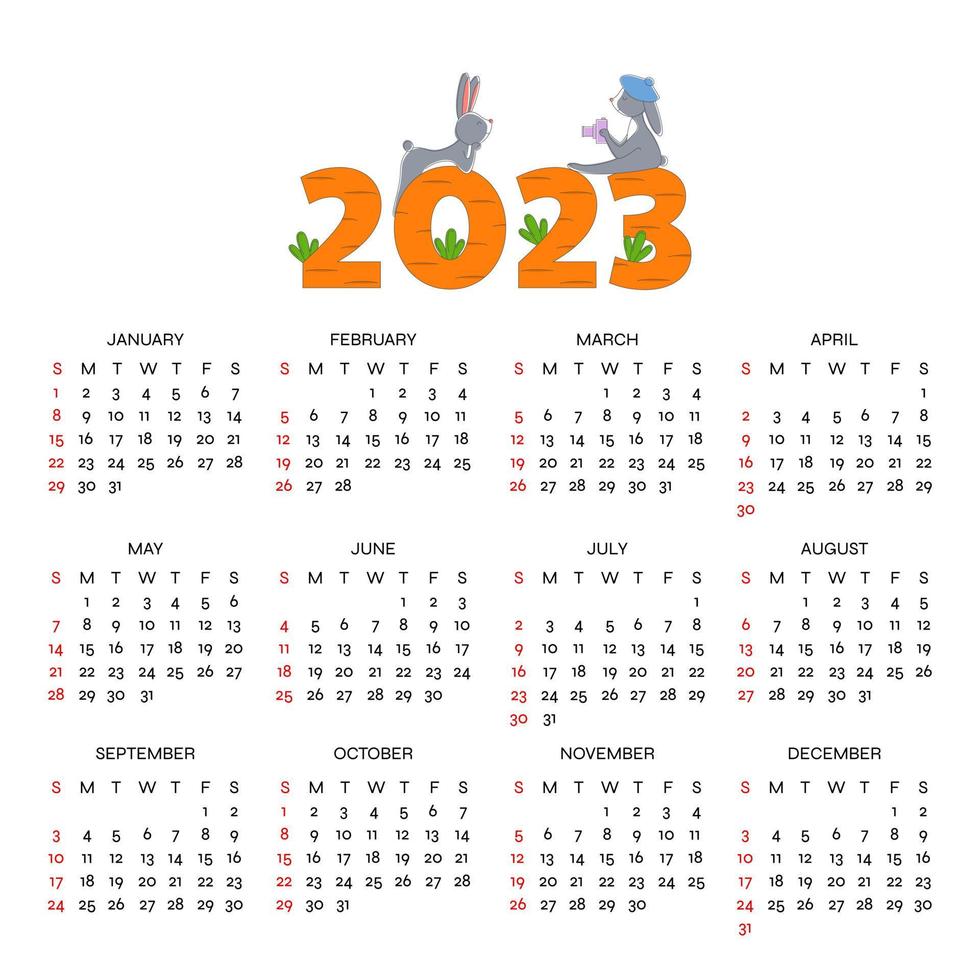 Monthly calendar with bunnies for 2023 years. Week Starts on Sunday. Cute cartoon rabbits sitting on carrot numbers and making photo. vector