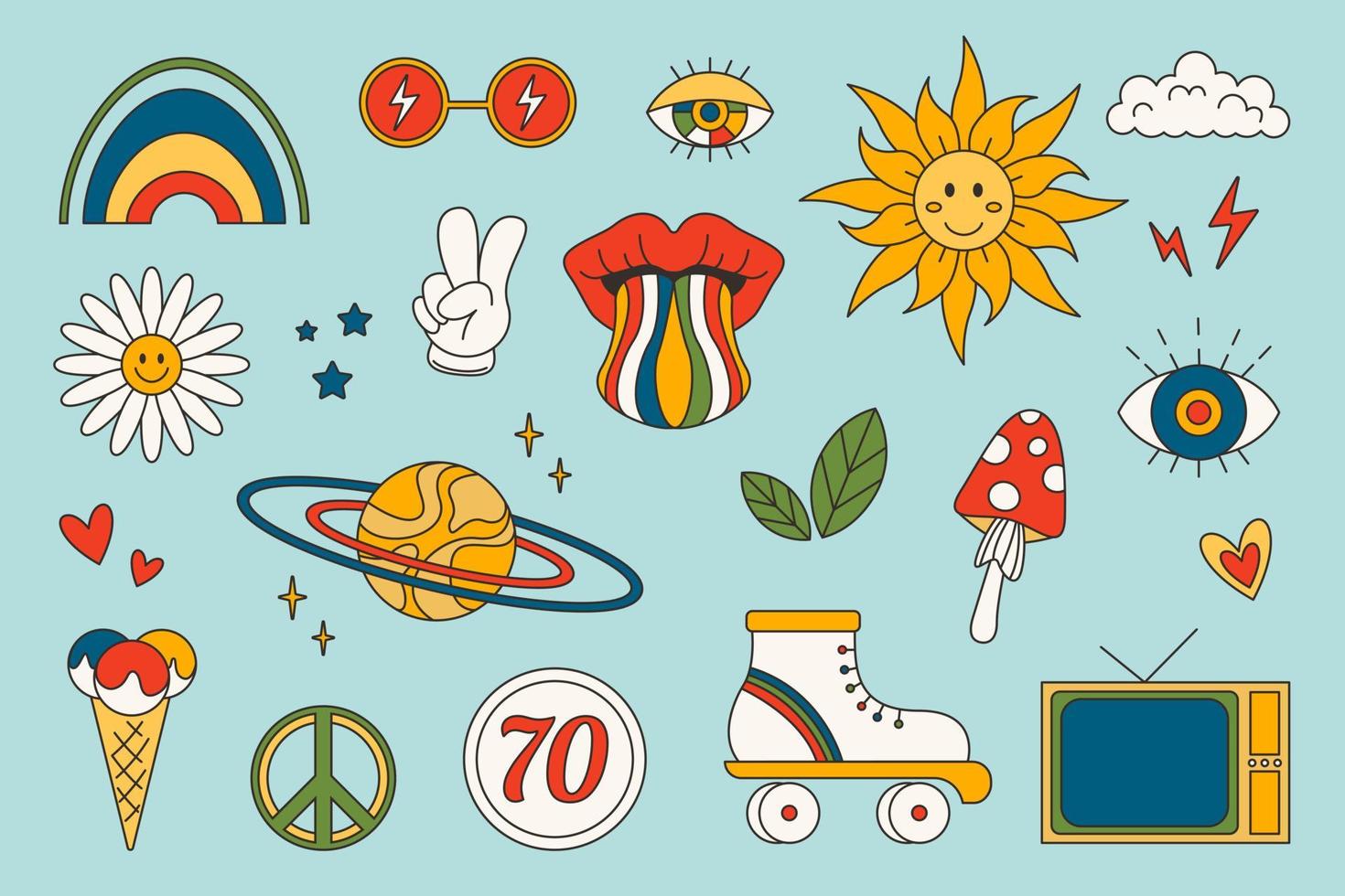 Retro 1960-1969 groovy set. Psychedelic groovy collection - chamomile, rainbow, mushroom, roller, and other. Hippie vector stickers set.