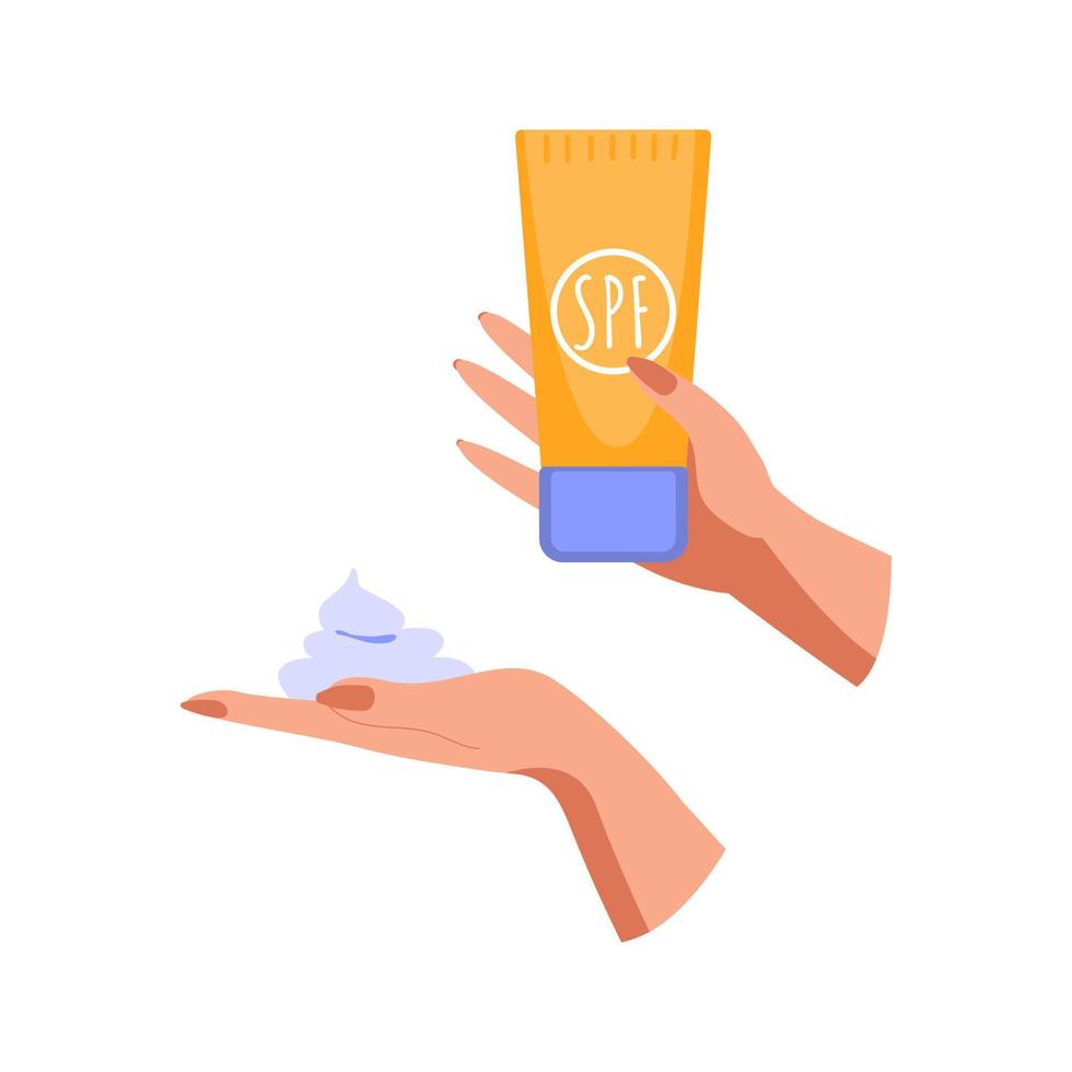 Hands holding spf gel. Concept of UV protection for skin, health care, protection sunburn, skin cancer prevention, cosmetics. Isolated vector illustration in flat style.