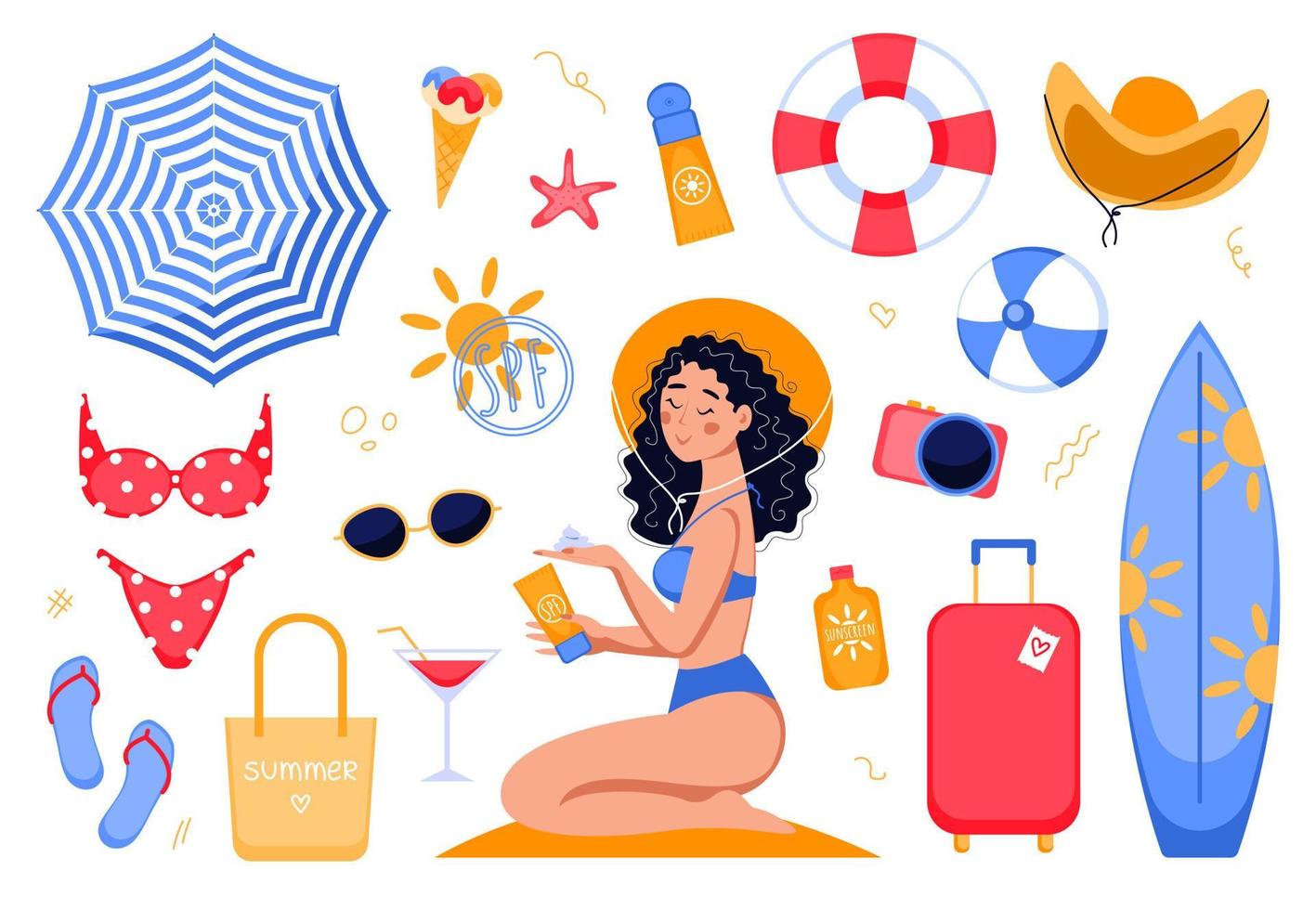 Summer set - sun umbrella, swimsuit, sunglasses, swimming circle, woman using sunscreen, surfboard, camera. Concept of recreation at sea, beach tourism. Cartoon colored vector illustrations group.