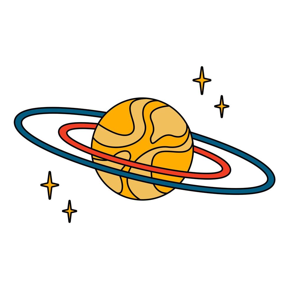 Planet Saturn in 70s vintage style. Vector isolated flat illustration.