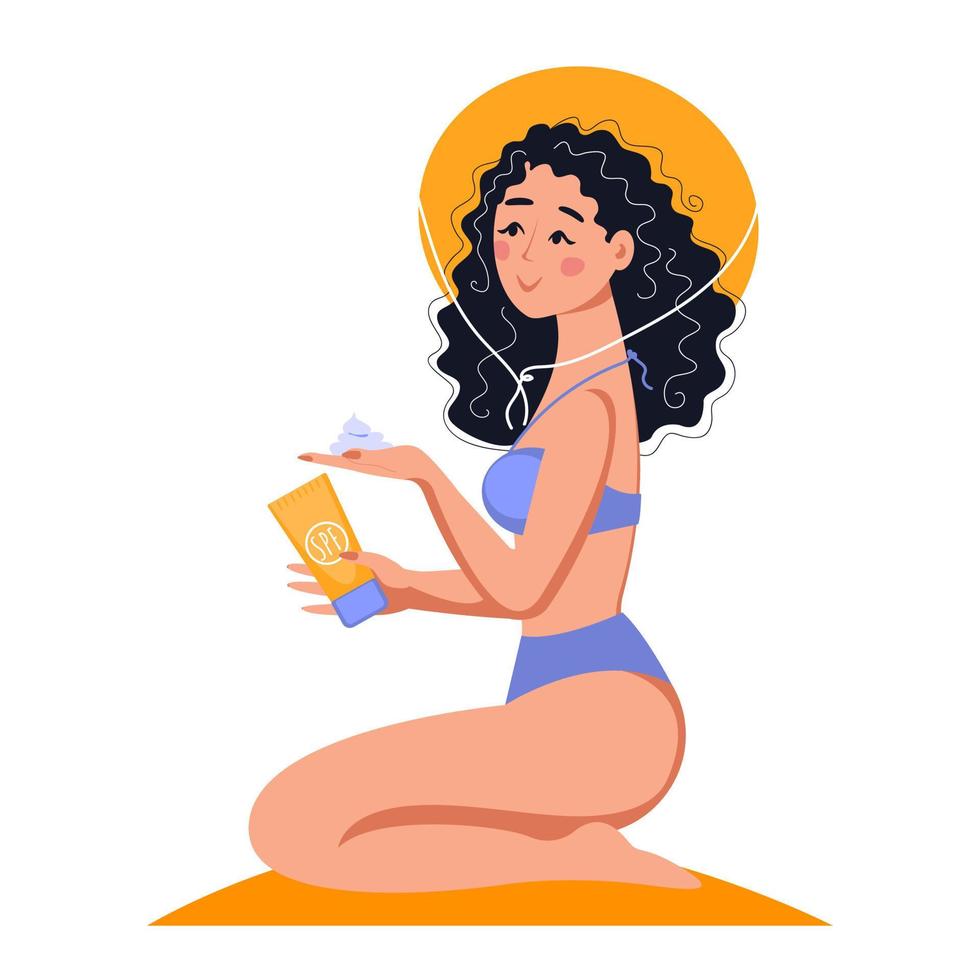 Woman protects skin from ultraviolet light while sunbathing on the beach. The use of sunscreen lotion, sun hat. Vector flat illustration.