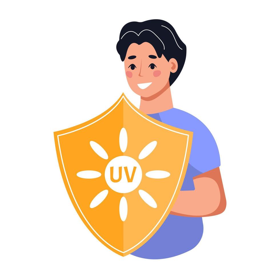 Man protected by uv screen from ultraviolet light. UV protection for skin. Using sunscreen lotion. Isolated vector illustration.
