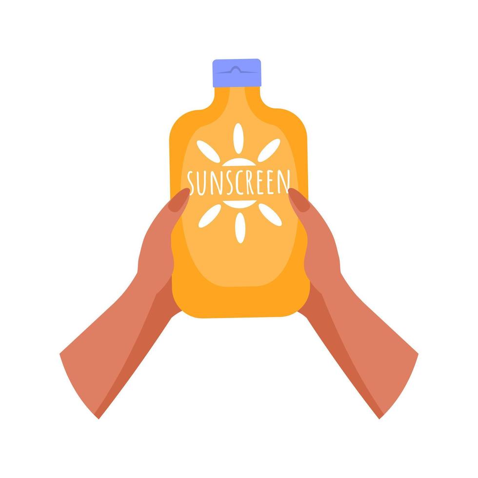 Hands holding spf gel. Concept of UV protection for skin, health care, protection sunburn, skin cancer prevention, cosmetics. Isolated vector illustration in flat style.