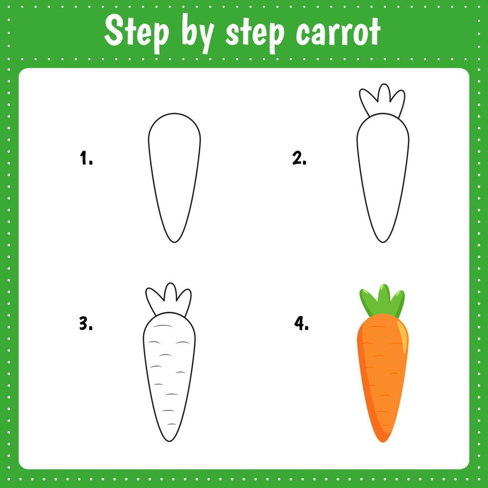 Educational worksheet for kids. Step by step drawing illustration. Carrot. Vegetable. Activity page for preschool education. vector