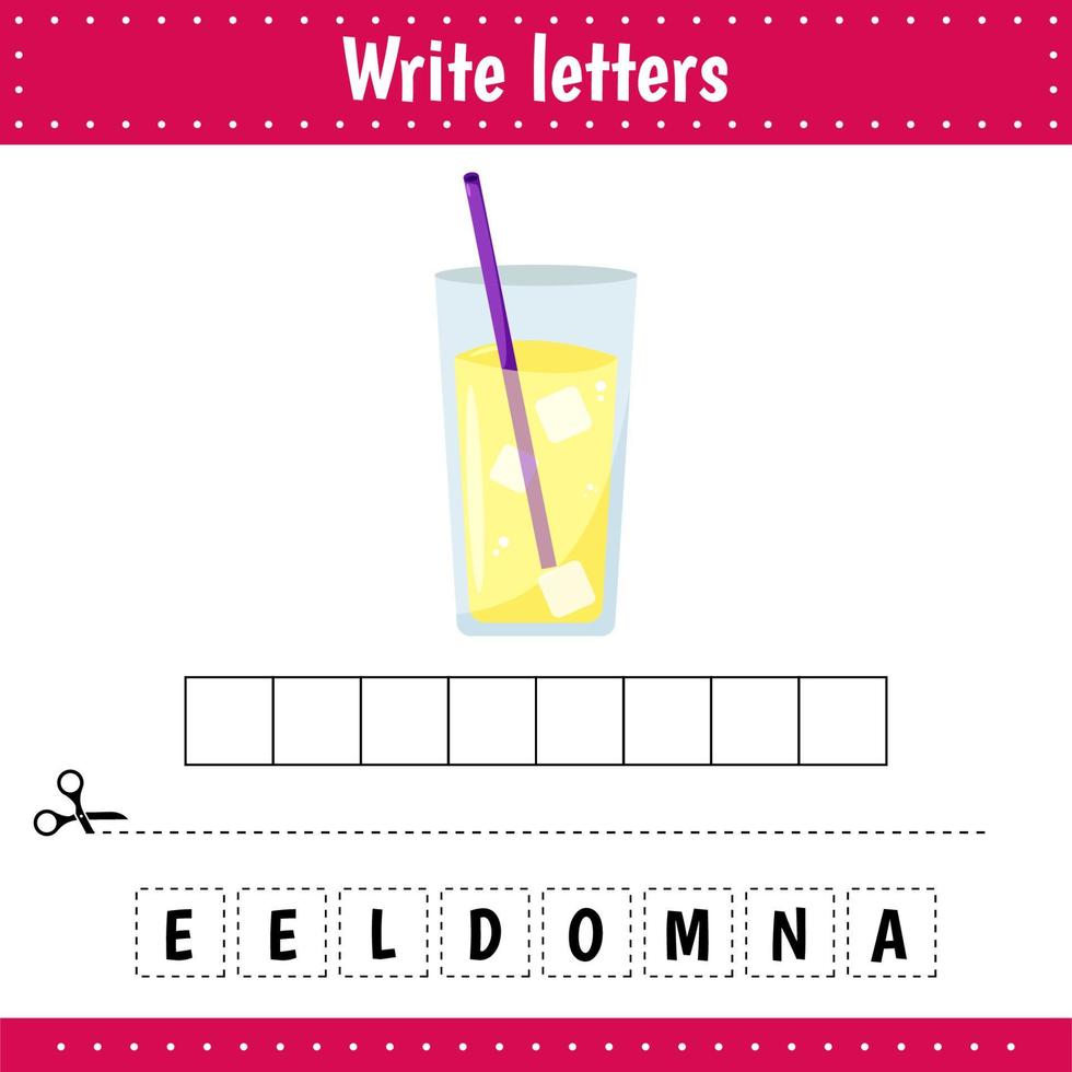 Educational game for kids. Crossword. Lemonade. Drink. Guess the word. Education developing worksheet. Activity page. vector