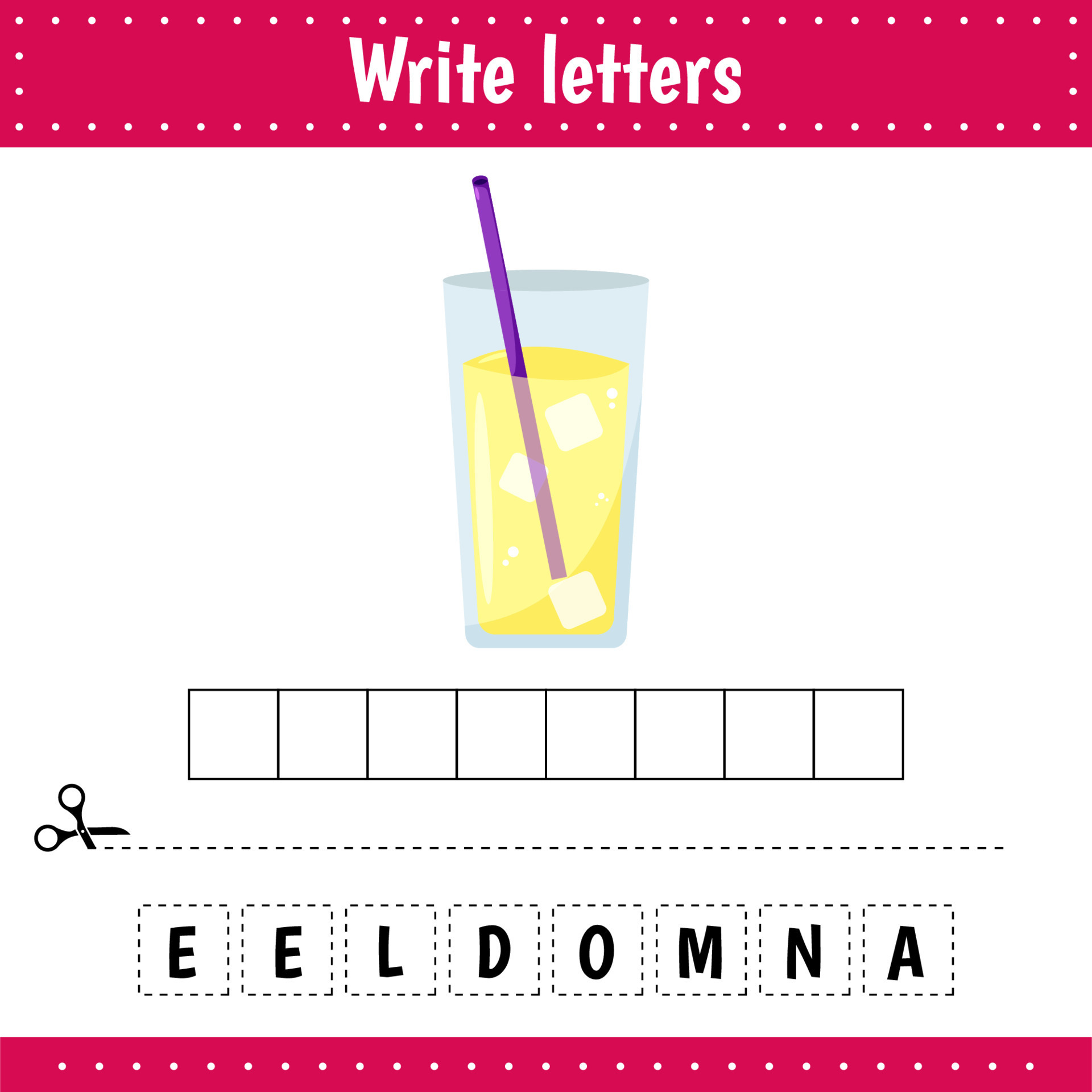 Educational game for kids. Crossword. Lemonade. Drink. Guess the word