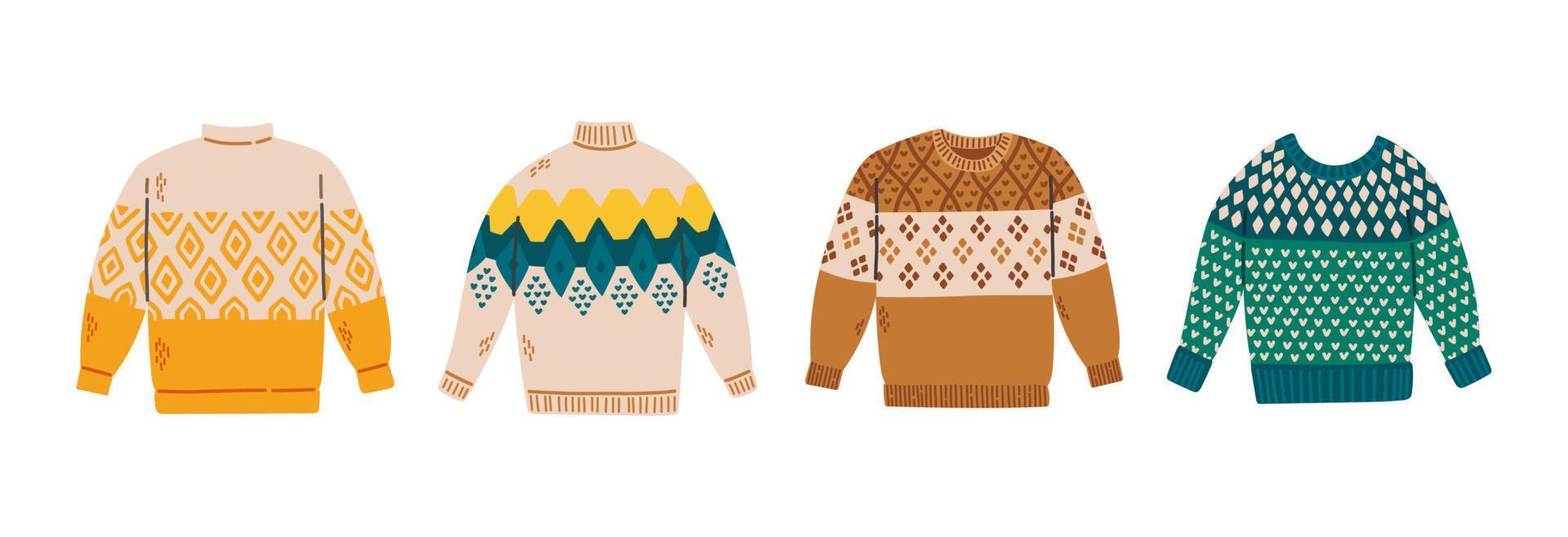 Set of sweaters different colors knitted pullover warm cozy autumn vector illustration