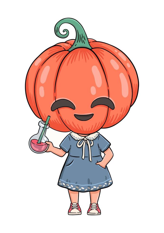 Halloween jack o lantern cute girl with witch drink vector illustration