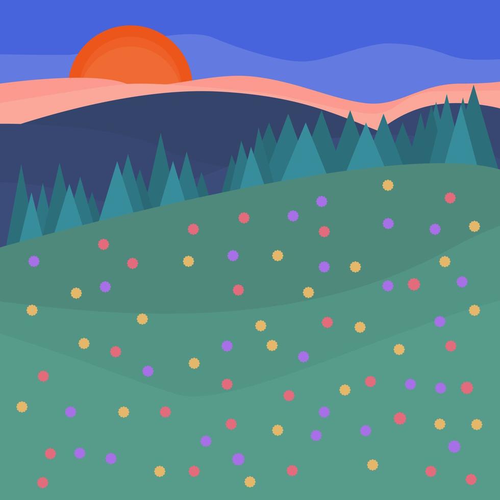 vector ilustrador de hermosos paisajes de jardín de flores con vistas a la montaña y al bosque con fondo de puesta de sol