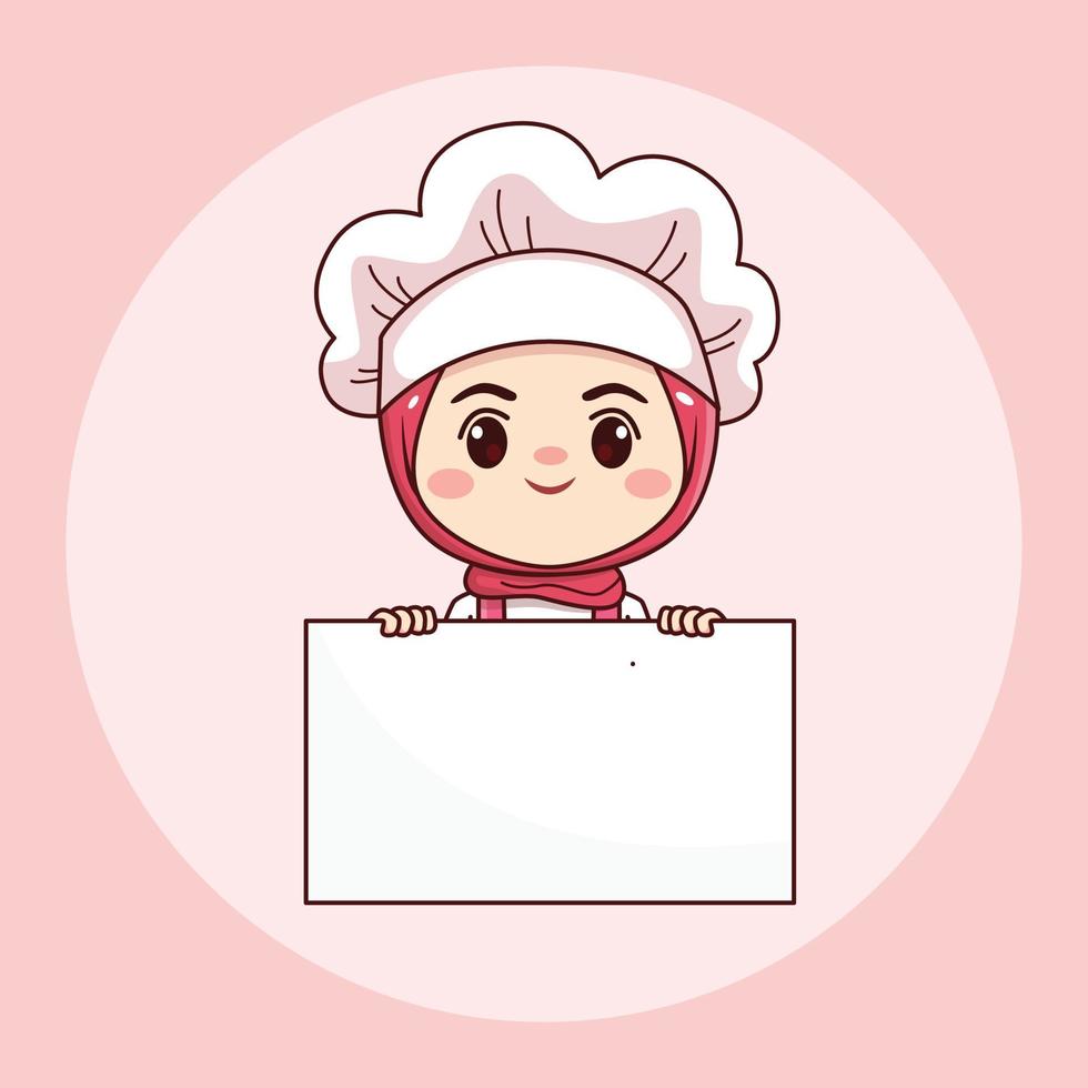 Cute and kawaii hijab female chef or baker with white board cartoon manga chibi vector character design