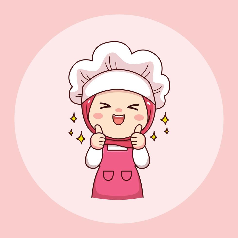 Cute and kawaii hijab female chef or baker with thumbs up cartoon manga chibi vector character design