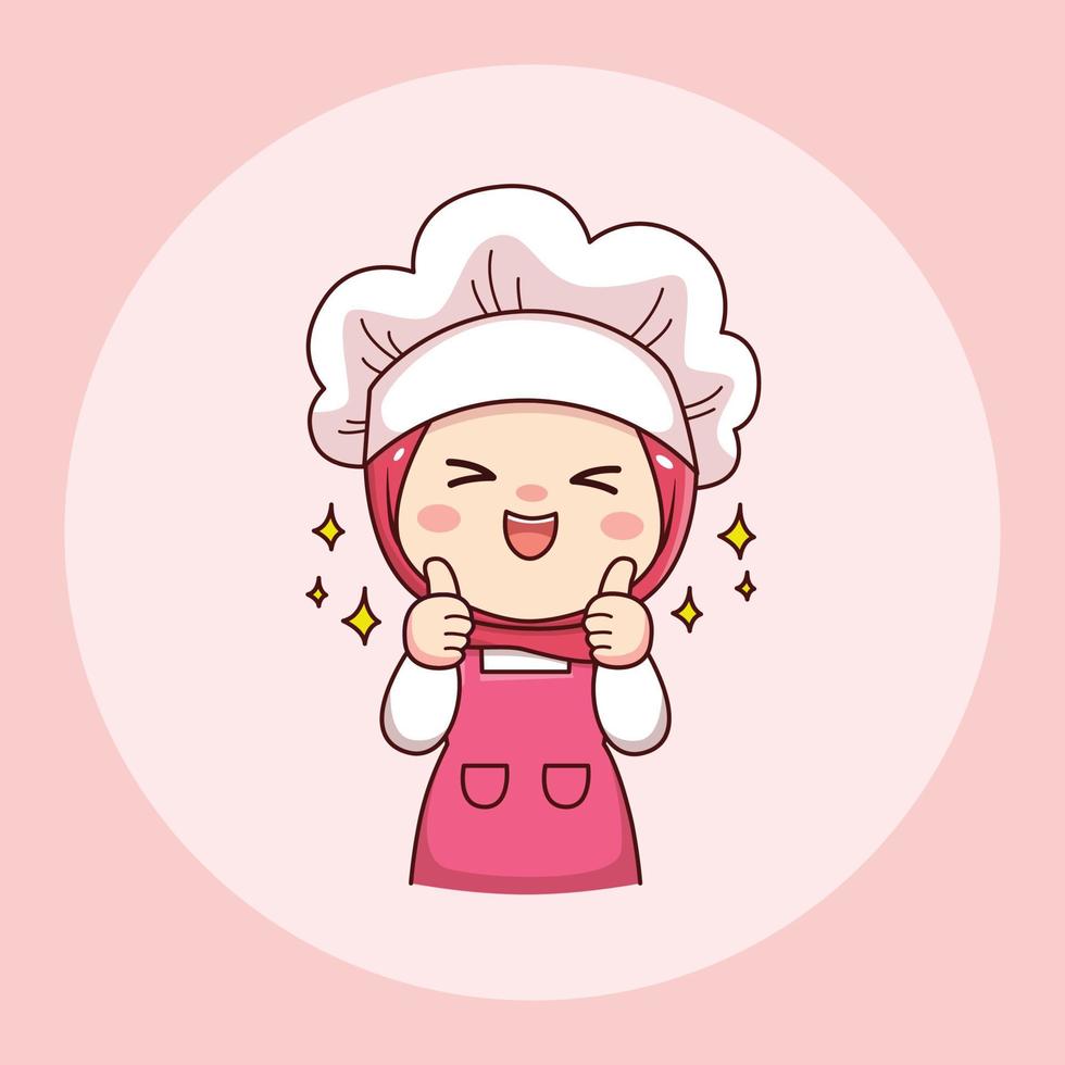 lindo y kawaii hijab cocinera o panadera con los pulgares hacia arriba dibujos animados manga chibi vector diseño de personajes