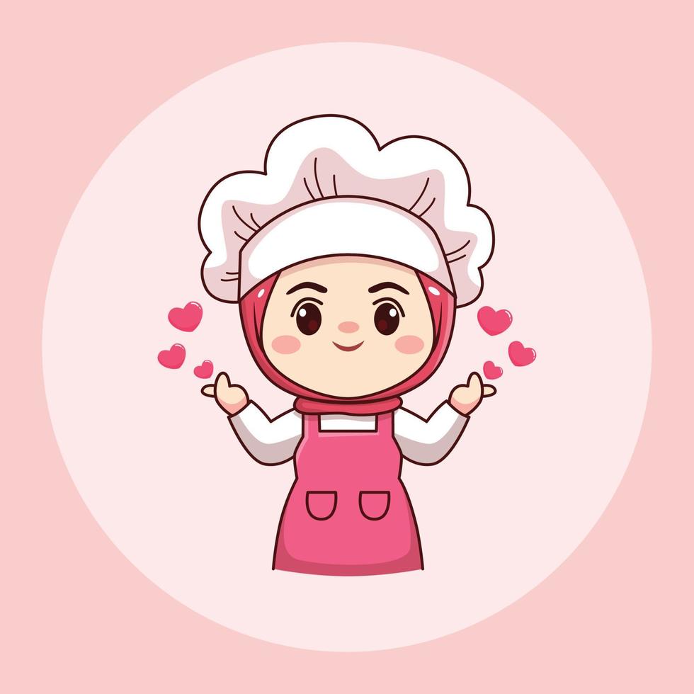 Cute and kawaii hijab female chef or baker with love sign cartoon manga chibi vector character design