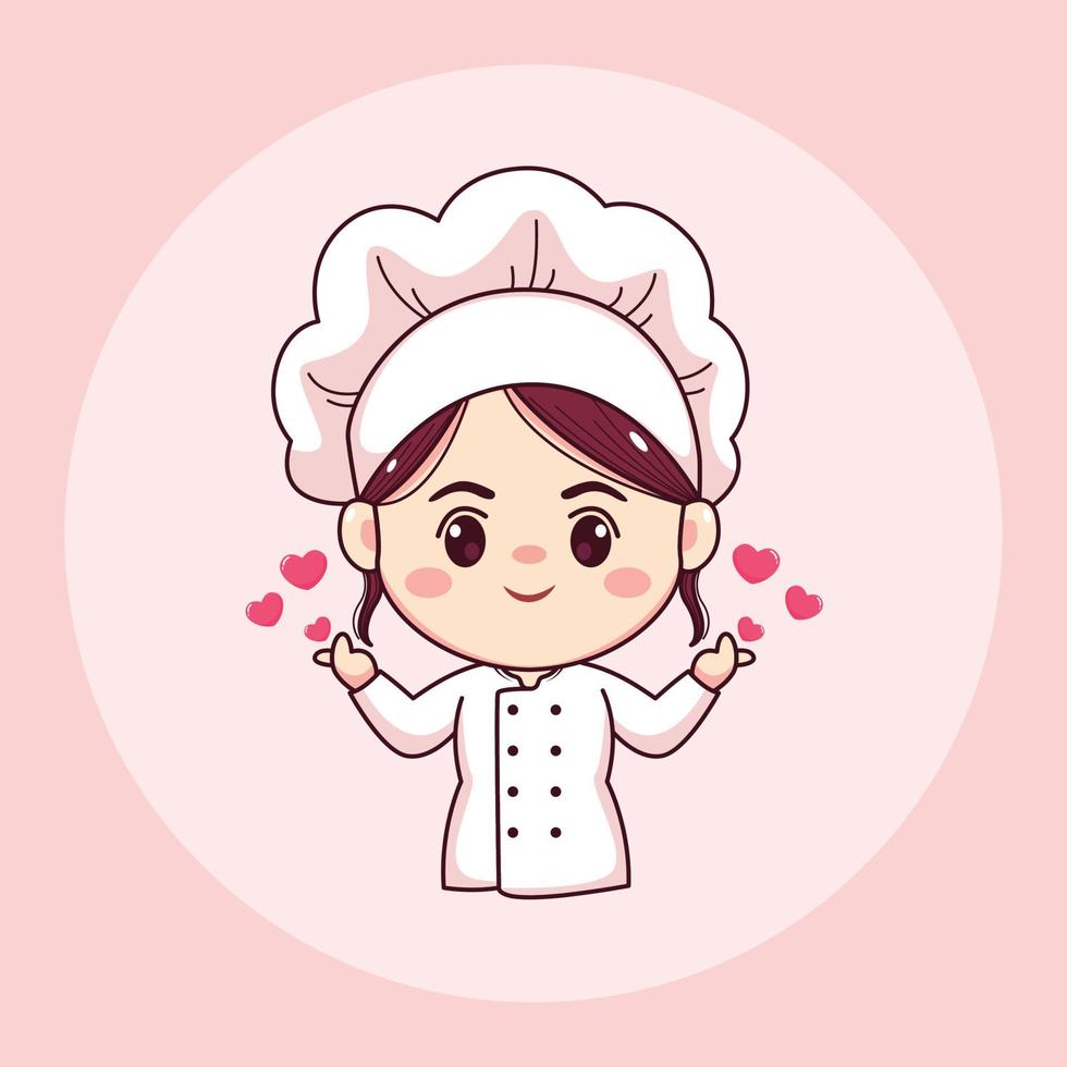 Cute and kawaii female chef or baker with love sign cartoon manga chibi vector character design