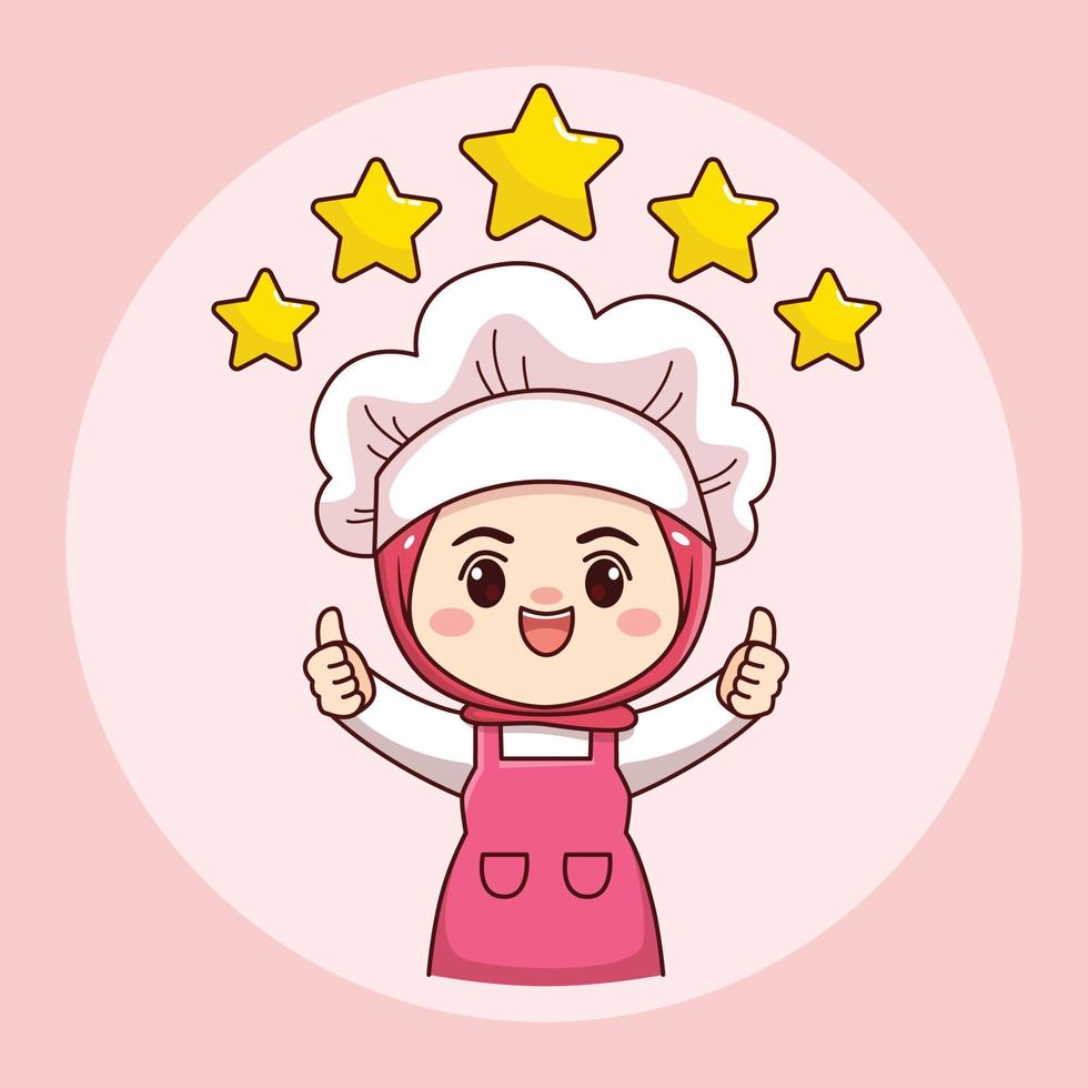 lindo y kawaii hijab cocinera o panadera con pulgares hacia arriba y cinco estrellas dibujos animados manga chibi vector diseño de personajes