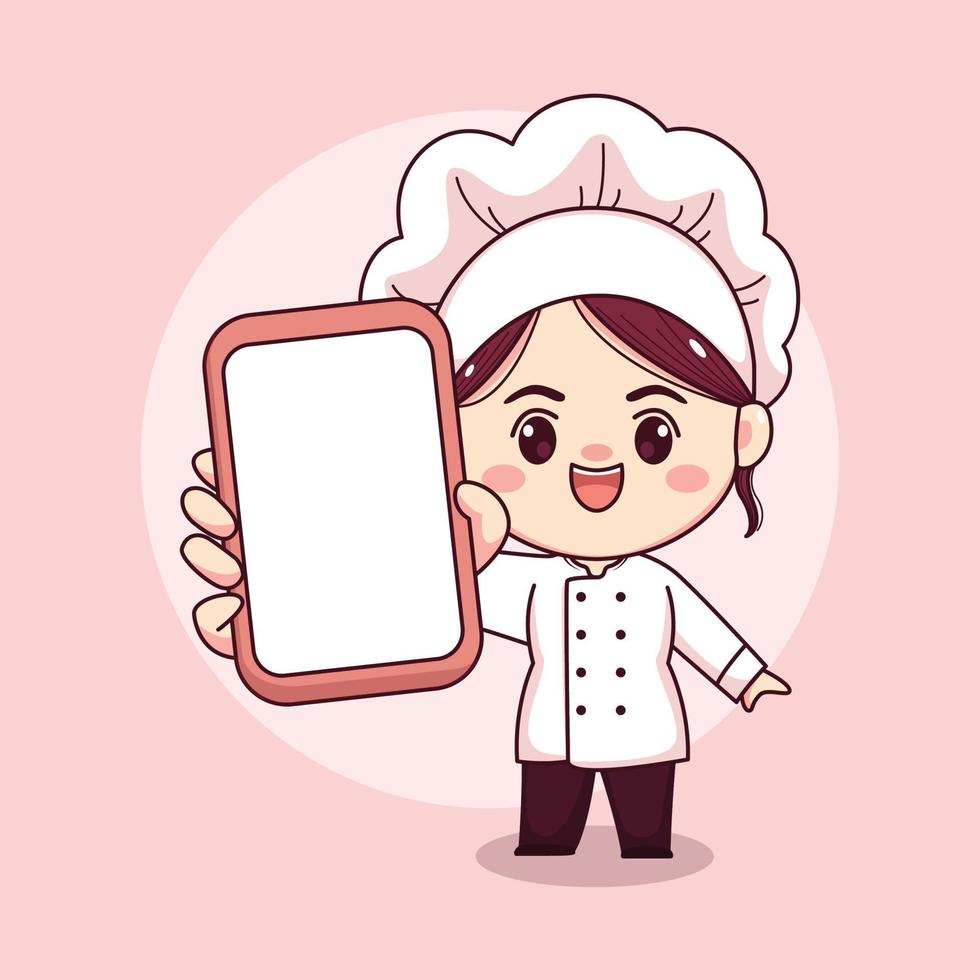 Cute and kawaii female chef or baker holding phone cartoon manga chibi vector character design