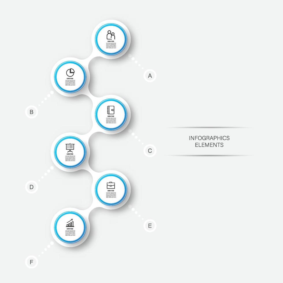 Elementos abstractos de la plantilla de infografía gráfica con etiqueta, círculos integrados. concepto de negocio con 6 opciones. para contenido, diagrama, diagrama de flujo, pasos, partes, infografías de línea de tiempo, diseño de flujo de trabajo. vector