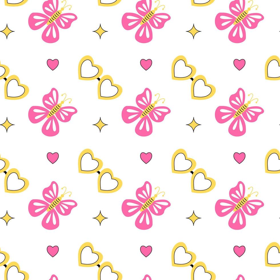 Y2k groovy pattern. Yellow glasses and a pink butterfly on a white background. 2000s vibes elements. Cartoon trippy hand drawn vector illustration.