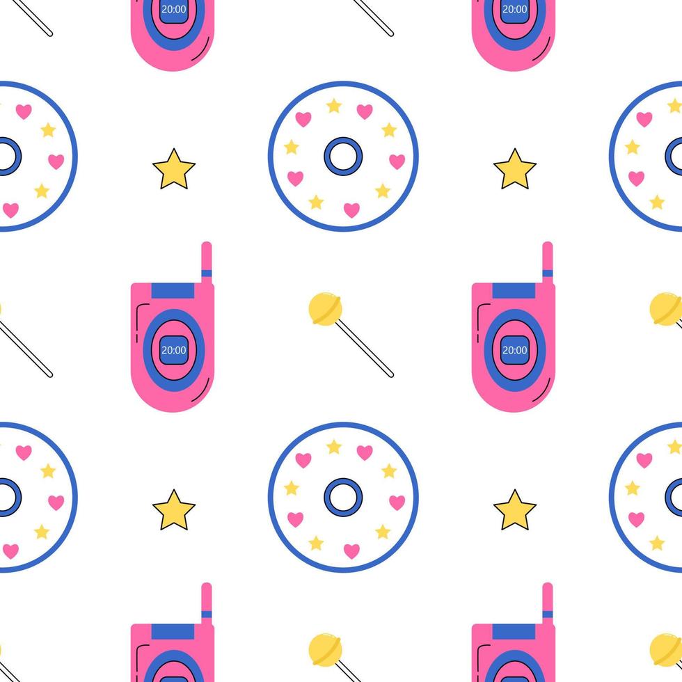 Y2k old mobile groovy pattern. Old pink mobile phone, yellow lollipop, compact disc, star on white background. 2000s retro pattern. Template for design. Vector illustration in flat style.