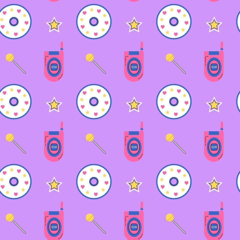 Y2k old mobile groovy pattern. Old pink mobile phone, yellow lollipop, compact disc, star on purple background. 2000s retro pattern. Template for design. Vector illustration in flat style.