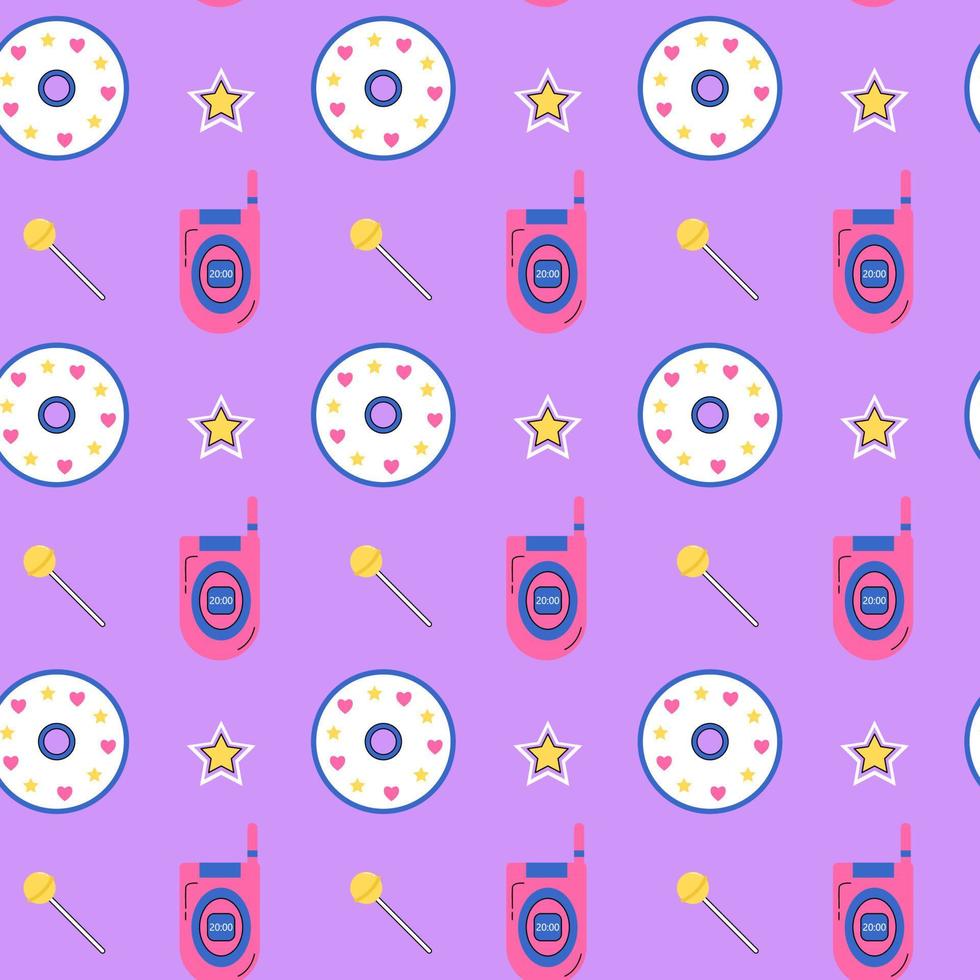 Y2k old mobile groovy pattern. Old pink mobile phone, yellow lollipop, compact disc, star on purple background. 2000s retro pattern. Template for design. Vector illustration in flat style.