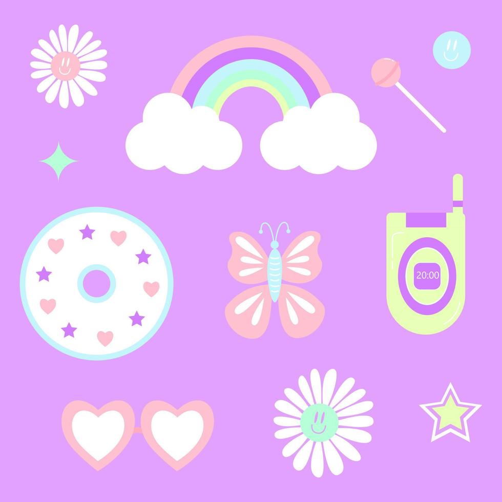 2000 psychedelic set stickers. Trippy daisies, rainbow, lollypop, butterfly, compact disc, mobile phone, glasses, stars on purple background. Y2k vibes elements. Cartoon vector illustration.