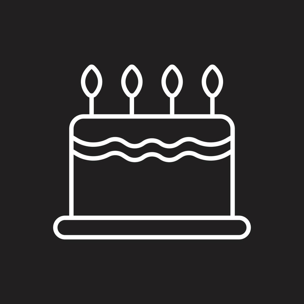 eps10 white vector cake line icon isolated on black background. cake with candles outline symbol in a simple flat trendy modern style for your web site design, logo, pictogram, and mobile application