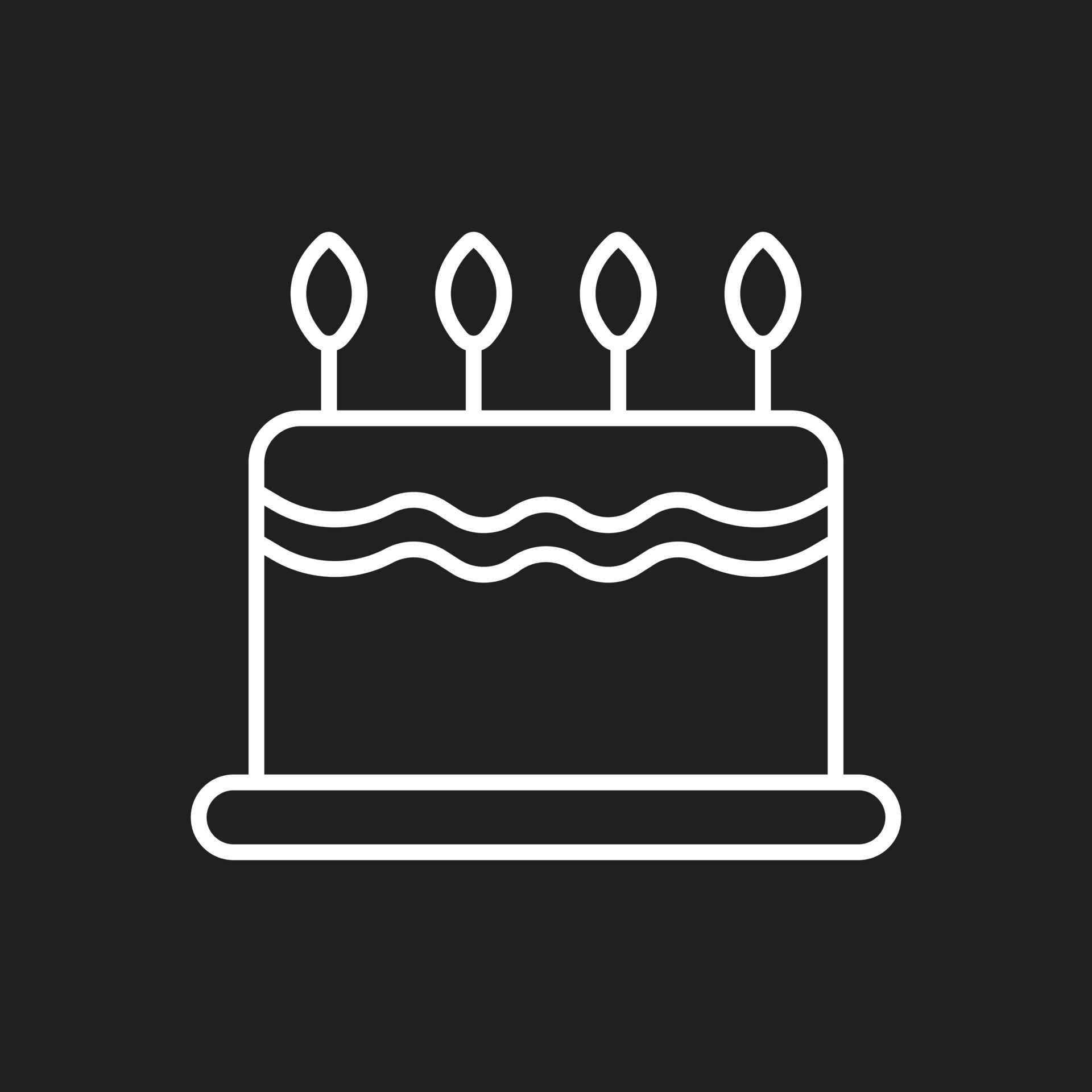 eps10 white vector cake line icon isolated on black background. cake with  candles outline symbol in a simple flat trendy modern style for your web  site design, logo, pictogram, and mobile application