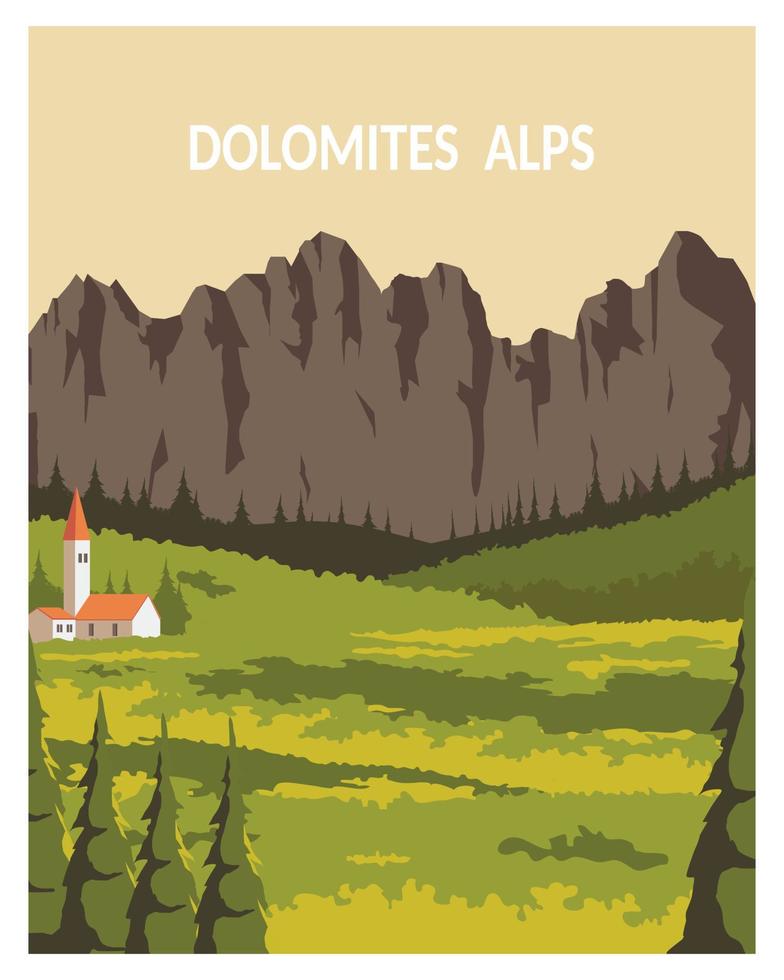 dolomitas del fondo del paisaje del noreste de italia. ilustración vectorial para póster, postal, impresión de arte con estilo minimalista vector