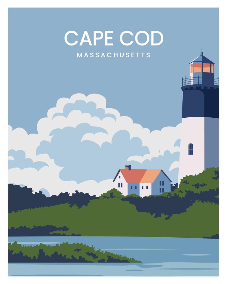 cape cod massachusetts con la ilustración del cartel del faro. vector con estilo minimalista para postal, impresión de arte, fondo.