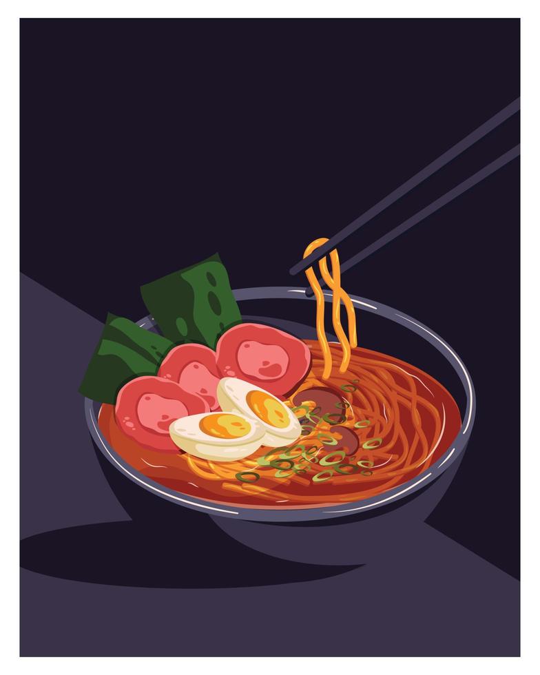 Tazón de ramen con ilustración de vector de palillos. cocina de alimentos afiche, impreso, pancarta, postal.