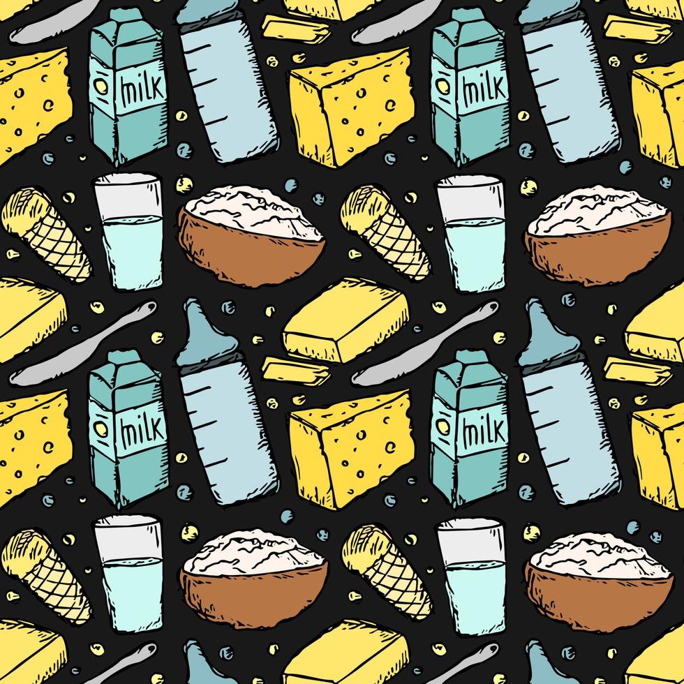 seamless milk production pattern. vector doodle illustration with milk products icon. pattern with milk food