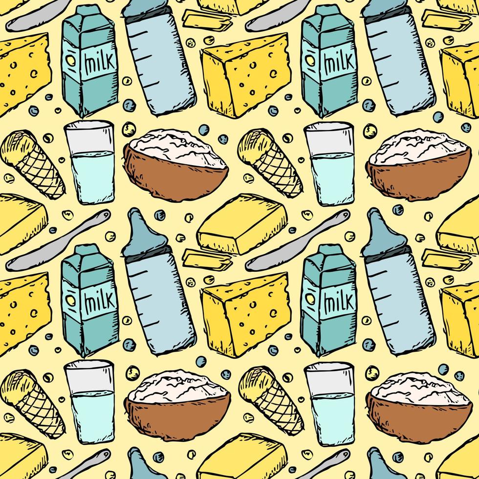 seamless milk production pattern. vector doodle illustration with milk products icon. pattern with milk food