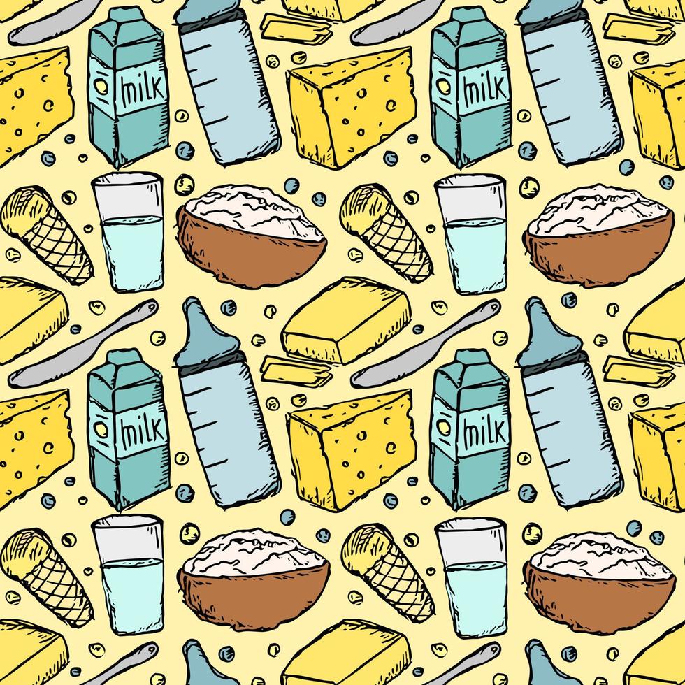 patrón de producción de leche sin fisuras. ilustración de fideos vectoriales con icono de productos lácteos. patrón con comida de leche vector