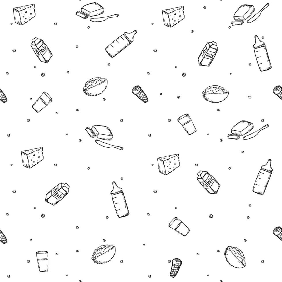 seamless milk production pattern. vector doodle illustration with milk products icon. pattern with milk food