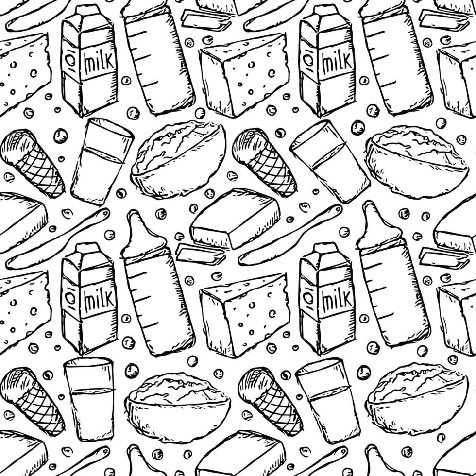 patrón de producción de leche sin fisuras. ilustración de fideos vectoriales con icono de productos lácteos. patrón con comida de leche vector