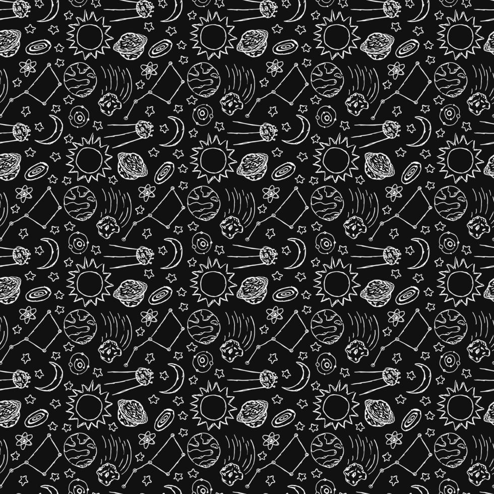 Seamless space pattern. Cosmos background. Doodle vector space illustration with planets, comet, stars, moon, sun and black hole