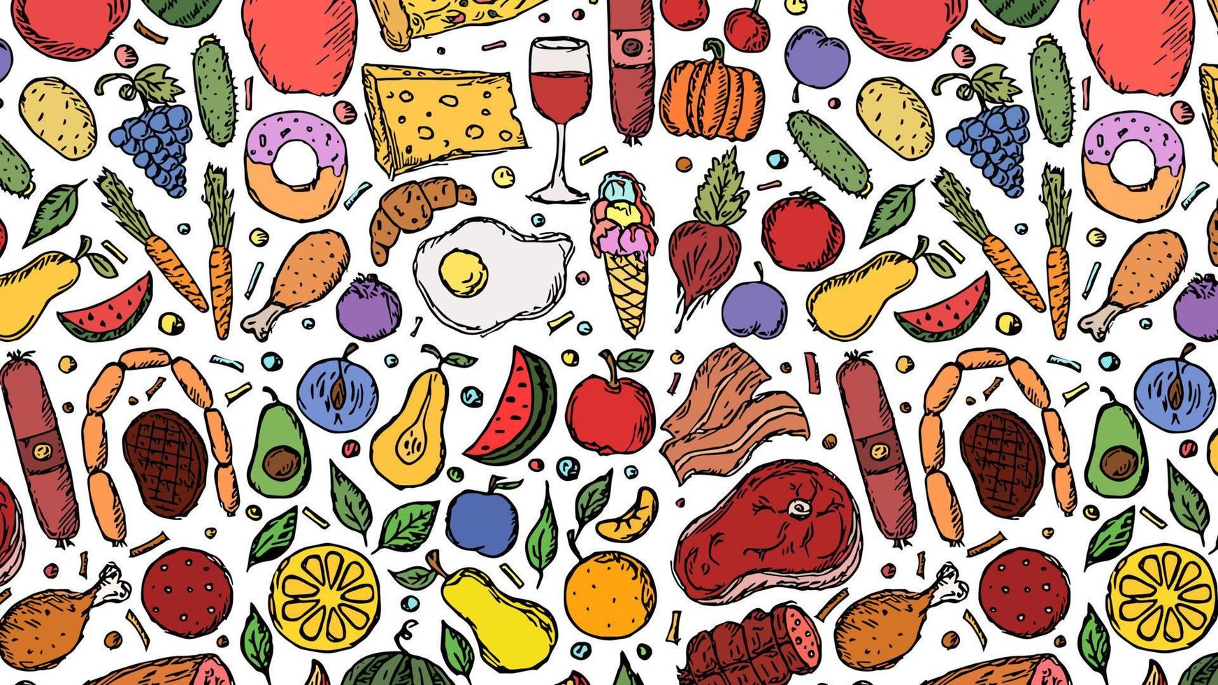 Horizontal illustration of food background with fruits, vegetables and meat vector