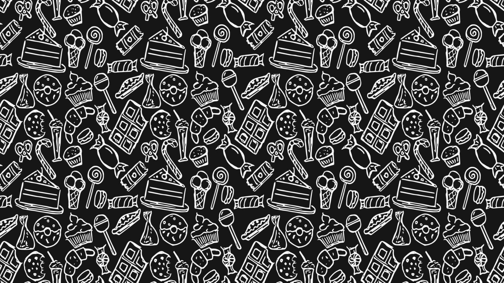 Horizontal seamless pattern with sweets. Doodle vector with sweets icons on black background. Vintage sweets illustration
