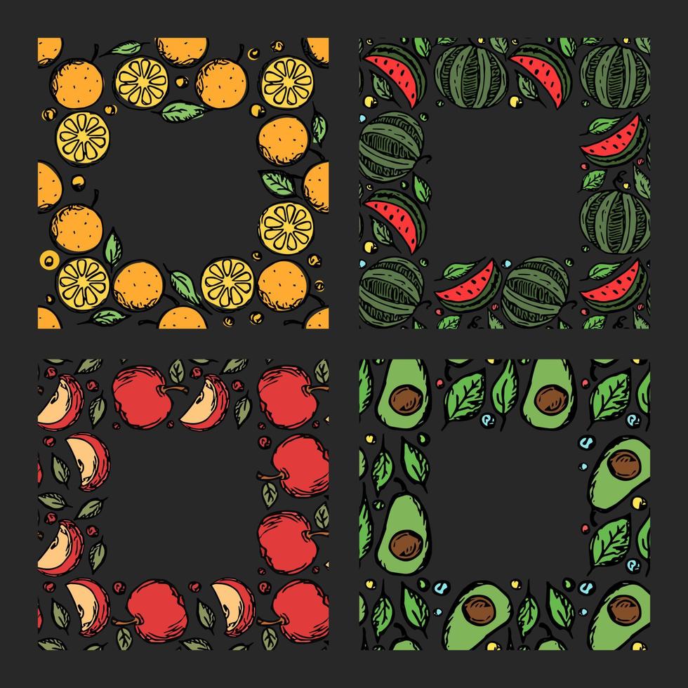 set of different seamless fruit frames. doodle vector fruit background with place for text