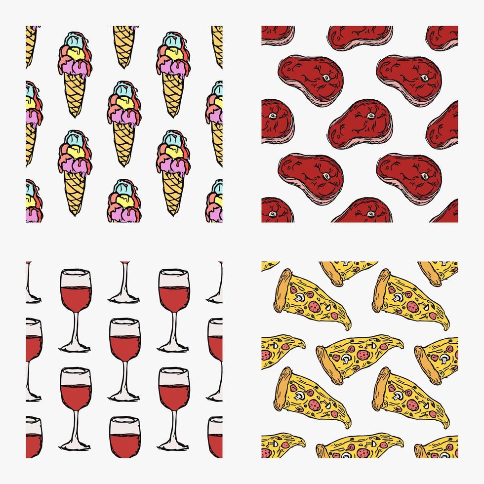 set of different seamless food patterns. doodle vector food background