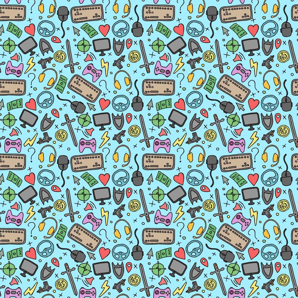 Seamless gaming background. seamless pattern with doodle gaming icons. gaming vector icons