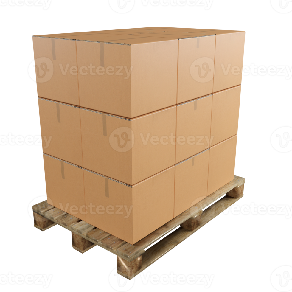 Stack boxes on pallet and transparent background , 3D rendering png